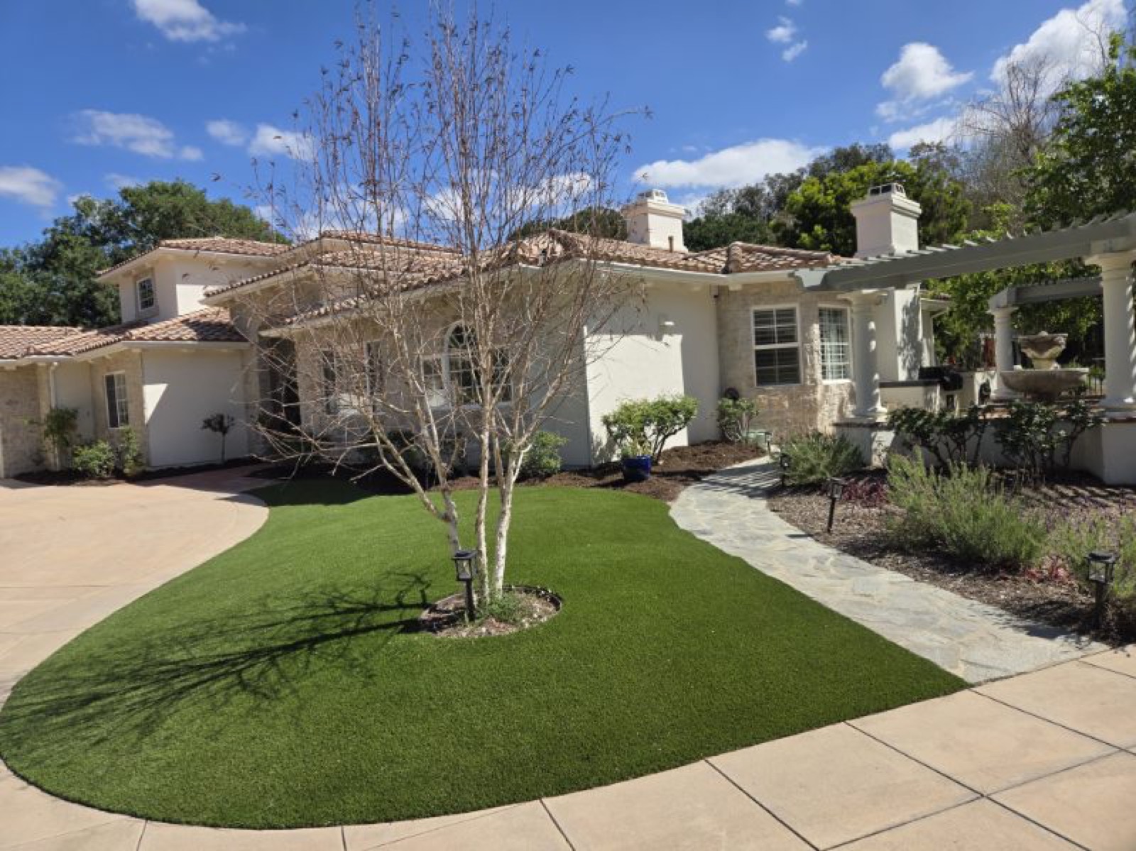 Manicured turf lawn with tree island and stone path